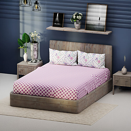 Kopa Santiago Purple Fabric 192 TC 140 GSM King Size Bedsheet With 2 Pillow Covers, 1 Set