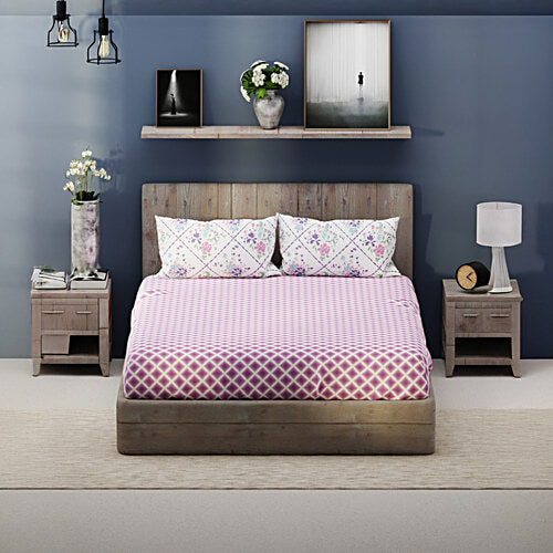 Kopa Santiago Purple Fabric 192 TC 140 GSM King Size Bedsheet With 2 Pillow Covers, 1 Set