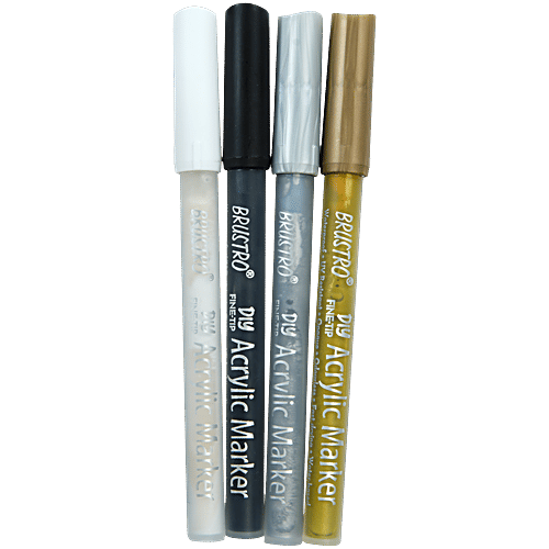 Brustro DIY Fine Tip Acrylic Marker - Gold, Silver, Black, White, 0.8 mm Japanese Nib, 4 pcs  For Craftworks, School Projects, and Other Presentations