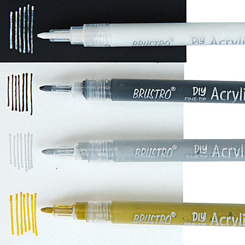 Brustro DIY Fine Tip Acrylic Marker - Gold, Silver, Black, White, 0.8 mm Japanese Nib, 4 pcs  For Craftworks, School Projects, and Other Presentations
