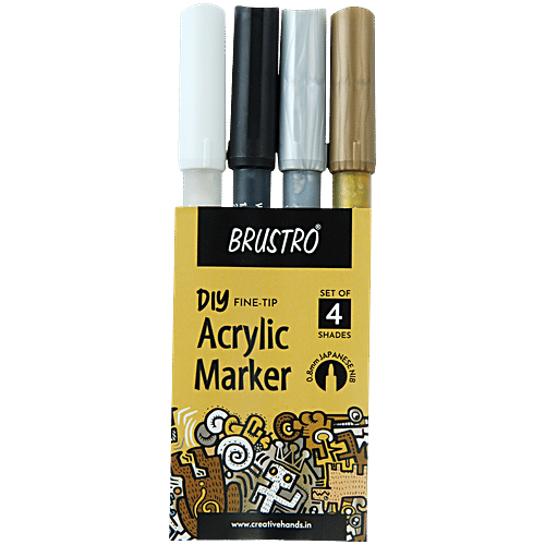 Brustro DIY Fine Tip Acrylic Marker - Gold, Silver, Black, White, 0.8 mm Japanese Nib, 4 pcs  For Craftworks, School Projects, and Other Presentations