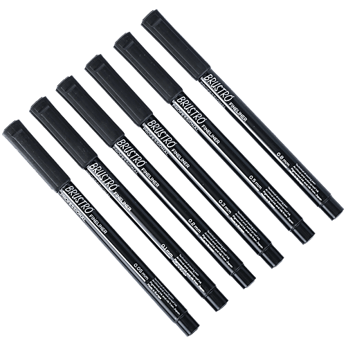 Brustro Professional Fineliner Technical Drawing Pens - Black, 6 pcs (Tip Sizes - 0.05mm, 0.1mm, 0.2mm, 0.3mm, 0.5mm, 0.8mm) Ideal For Mandala, Drawing, Artist Illustration, Sketching