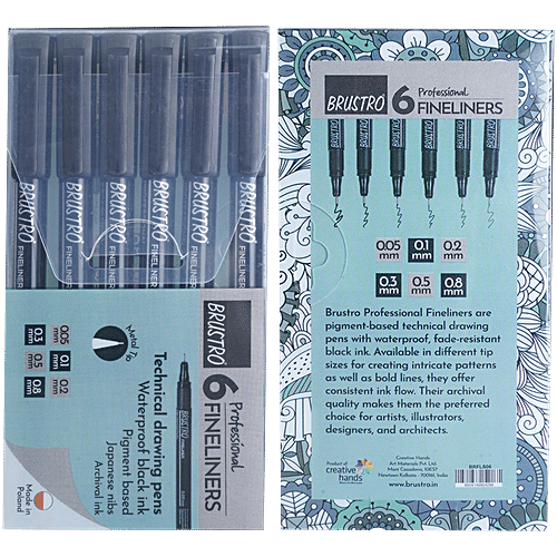 Brustro Professional Fineliner Technical Drawing Pens - Black, 6 pcs (Tip Sizes - 0.05mm, 0.1mm, 0.2mm, 0.3mm, 0.5mm, 0.8mm) Ideal For Mandala, Drawing, Artist Illustration, Sketching