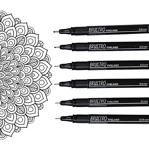 Brustro Professional Fineliner Technical Drawing Pens - Black, 6 pcs (Tip Sizes - 0.05mm, 0.1mm, 0.2mm, 0.3mm, 0.5mm, 0.8mm) Ideal For Mandala, Drawing, Artist Illustration, Sketching