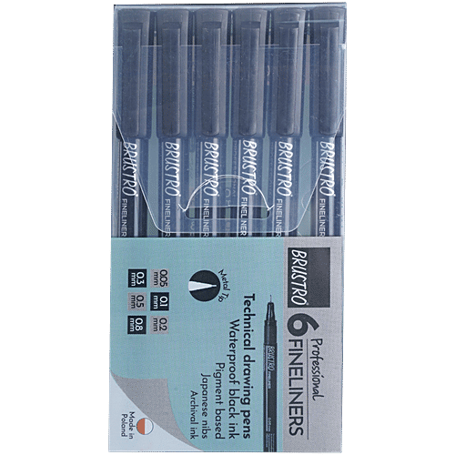 Brustro Professional Fineliner Technical Drawing Pens - Black, 6 pcs (Tip Sizes - 0.05mm, 0.1mm, 0.2mm, 0.3mm, 0.5mm, 0.8mm) Ideal For Mandala, Drawing, Artist Illustration, Sketching