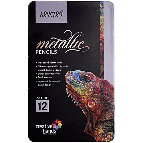 Brustro Metallic Pencil - Wax Based Colour, 3.3 mm Lead, 12 pcs Ergonomic, Break Resistant, Easy Blending, Non-toxic Colours, Ideal for Fine Art and Craft