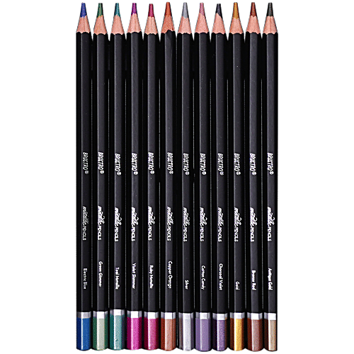 Brustro Metallic Pencil - Wax Based Colour, 3.3 mm Lead, 12 pcs Ergonomic, Break Resistant, Easy Blending, Non-toxic Colours, Ideal for Fine Art and Craft
