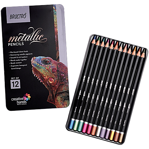 Brustro Metallic Pencil - Wax Based Colour, 3.3 mm Lead, 12 pcs Ergonomic, Break Resistant, Easy Blending, Non-toxic Colours, Ideal for Fine Art and Craft