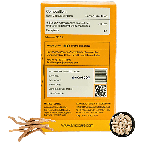 Amocare Ashwagandha KSM66 Veg Capsules - 500 mg, 60 pcs Clinically Proven, Naturally Powerful. With Root Extract