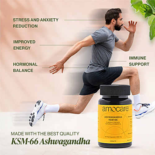 Amocare Ashwagandha KSM66 Veg Capsules - 500 mg, 60 pcs Clinically Proven, Naturally Powerful. With Root Extract