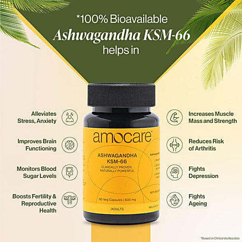 Amocare Ashwagandha KSM66 Veg Capsules - 500 mg, 60 pcs Clinically Proven, Naturally Powerful. With Root Extract