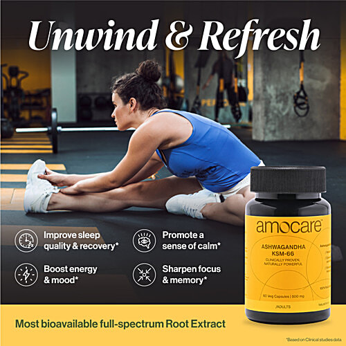 Amocare Ashwagandha KSM66 Veg Capsules - 500 mg, 60 pcs Clinically Proven, Naturally Powerful. With Root Extract