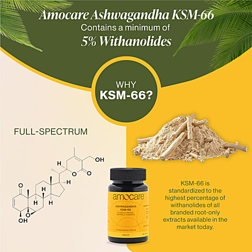 Amocare Ashwagandha KSM66 Veg Capsules - 500 mg, 60 pcs Clinically Proven, Naturally Powerful. With Root Extract