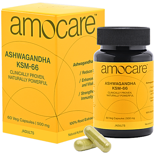 Amocare Ashwagandha KSM66 Veg Capsules - 500 mg, 60 pcs Clinically Proven, Naturally Powerful. With Root Extract