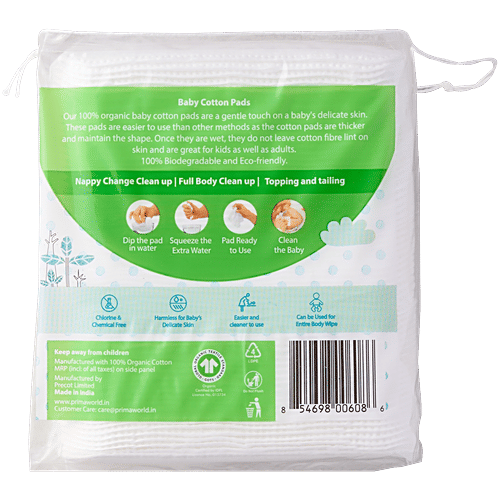 Prima Baby Organic Cotton Pads, 60 pcs Square, Soft & Gentle, Chemical Free, 100% Pure Cotton