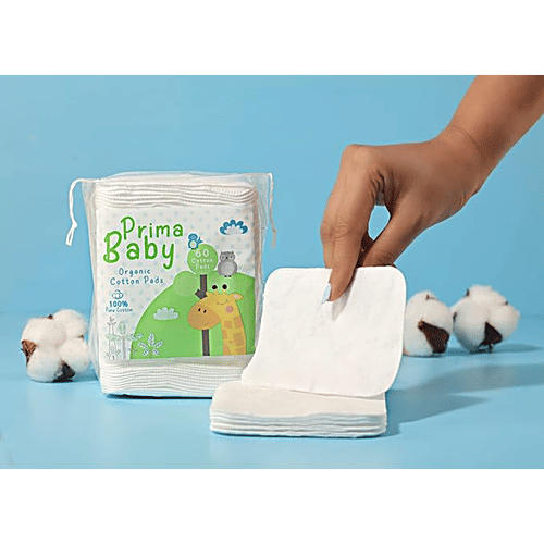 Prima Baby Organic Cotton Pads, 60 pcs Square, Soft & Gentle, Chemical Free, 100% Pure Cotton