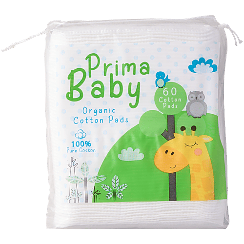Prima Baby Organic Cotton Pads, 60 pcs Square, Soft & Gentle, Chemical Free, 100% Pure Cotton