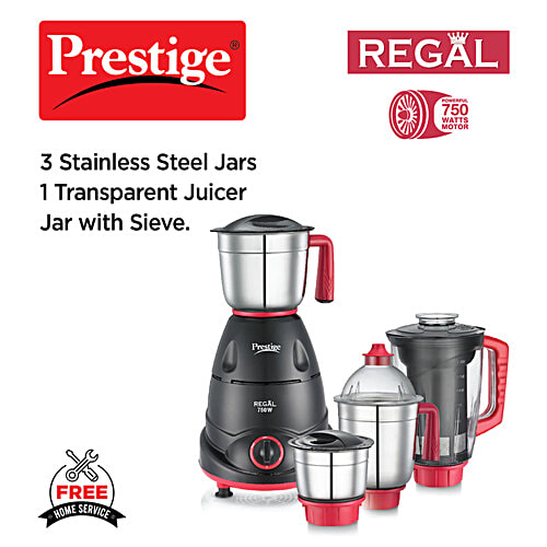 Prestige Regal 750W Mixer Grinder - With 3 Stainless Steel Jars & 1 Juicer Jar, 1 Unit