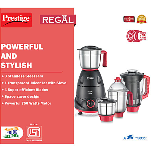 Prestige Regal 750W Mixer Grinder - With 3 Stainless Steel Jars & 1 Juicer Jar, 1 Unit