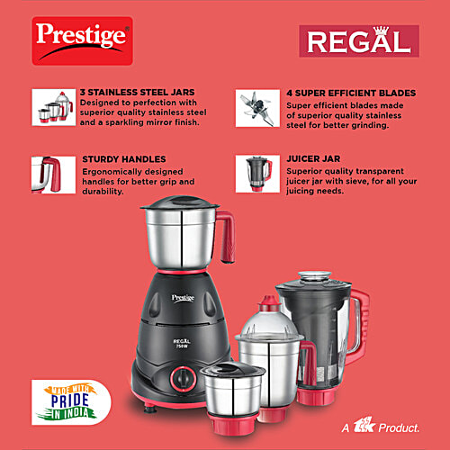 Prestige Regal 750W Mixer Grinder - With 3 Stainless Steel Jars & 1 Juicer Jar, 1 Unit
