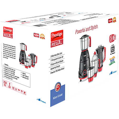 Prestige Regal 750W Mixer Grinder - With 3 Stainless Steel Jars & 1 Juicer Jar, 1 Unit