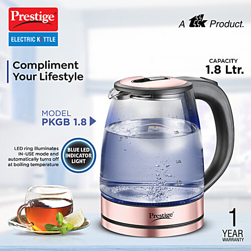 Prestige PKGB 1.8 L Electric Glass Kettle, 1 Unit Blue LED Power Indicator, Borosilicate Glass, Automatic Power Cut-Off