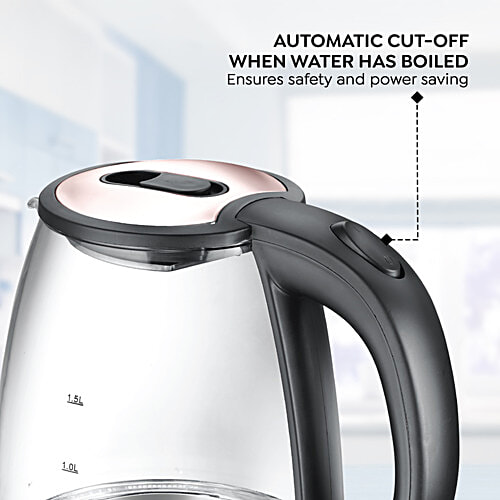 Prestige PKGB 1.8 L Electric Glass Kettle, 1 Unit Blue LED Power Indicator, Borosilicate Glass, Automatic Power Cut-Off