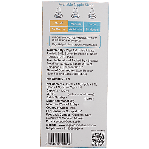 Vega Baby & Mom Steel Feeding Bottle - Regular Neck, 0+ Months, 120 ml (VBFB4-05) BPA Free