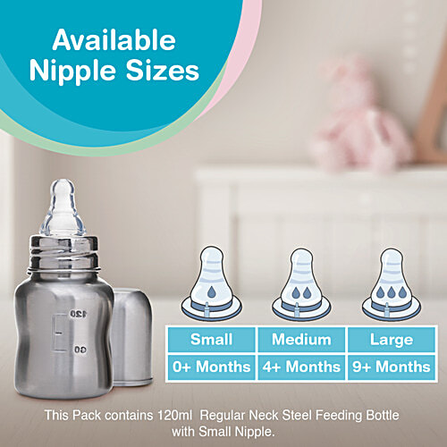 Vega Baby & Mom Steel Feeding Bottle - Regular Neck, 0+ Months, 120 ml (VBFB4-05) BPA Free