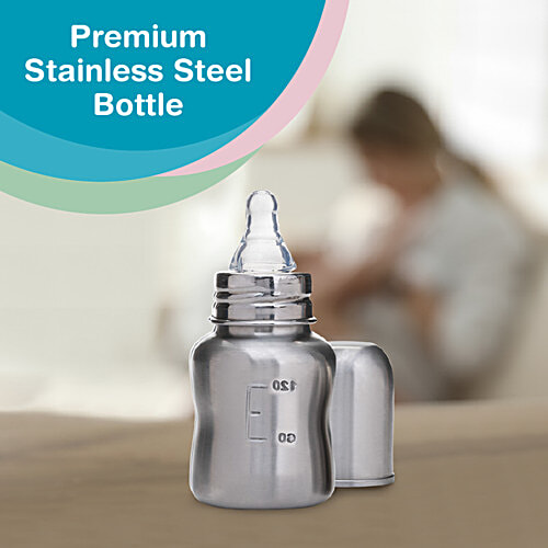 Vega Baby & Mom Steel Feeding Bottle - Regular Neck, 0+ Months, 120 ml (VBFB4-05) BPA Free