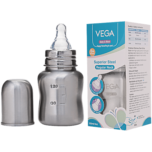 Vega Baby & Mom Steel Feeding Bottle - Regular Neck, 0+ Months, 120 ml (VBFB4-05) BPA Free