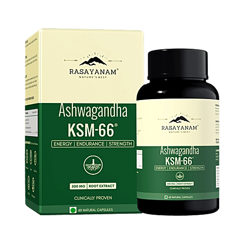 Rasayanam Ashwagandha KSM-66 500 mg Capsules, 60 pcs  Increase Vigour & Strength, Boosts Energy Level, Reduce Stress Levels