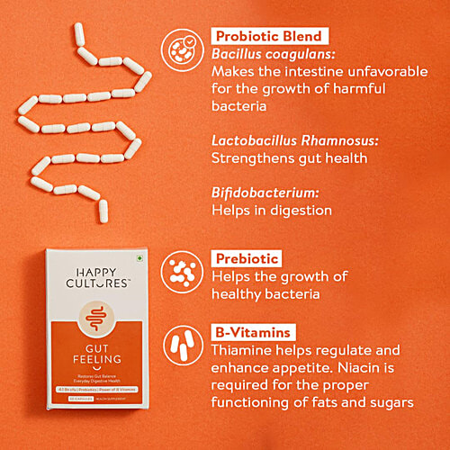Happy Cultures Gut Feeling Health Supplement Capsules - Blend Of Pre-Probiotic & B Vitamins, 30 pcs  Restores Gut Balance, Daily Gut & Digestive Health