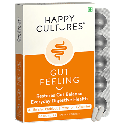 Happy Cultures Gut Feeling Health Supplement Capsules - Blend Of Pre-Probiotic & B Vitamins, 30 pcs  Restores Gut Balance, Daily Gut & Digestive Health