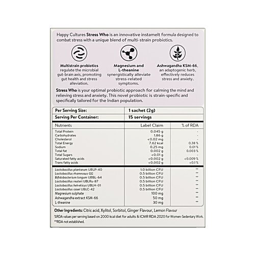 Happy Cultures Stress Who Ashwagandha KSM 66, Magnesium & L-Theanine Nutraceutical For Adults, 30 g (15 Sachets x 2 g) Lemon Ginger Flavoured, Restores your Gut Health & Stress Response, Promotes Emotional Well-Being, Calms Your Mind, Multistrain Probiotic Blends