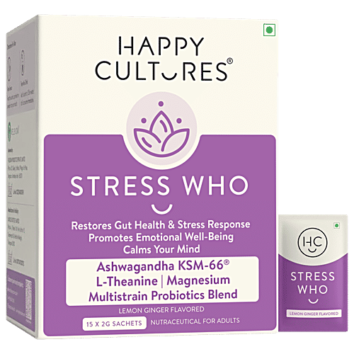 Happy Cultures Stress Who Ashwagandha KSM 66, Magnesium & L-Theanine Nutraceutical For Adults, 30 g (15 Sachets x 2 g) Lemon Ginger Flavoured, Restores your Gut Health & Stress Response, Promotes Emotional Well-Being, Calms Your Mind, Multistrain Probiotic Blends