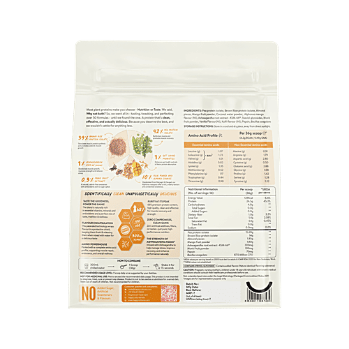 Happy Cultures Alphonso Mango Plant Protein Powder With Natural Pea & Brown Rice, 505 g  With Almond Chunks, Nutraceutical for Adults, No Added Sugar, Lactose Free, 24 g Protein per Scoop