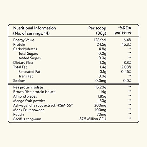 Happy Cultures Alphonso Mango Plant Protein Powder With Natural Pea & Brown Rice, 505 g  With Almond Chunks, Nutraceutical for Adults, No Added Sugar, Lactose Free, 24 g Protein per Scoop