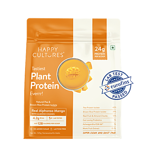 Happy Cultures Alphonso Mango Plant Protein Powder With Natural Pea & Brown Rice, 505 g  With Almond Chunks, Nutraceutical for Adults, No Added Sugar, Lactose Free, 24 g Protein per Scoop