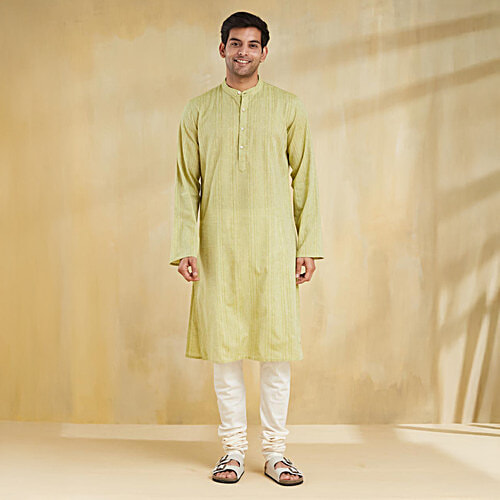 Fabindia Green Cotton Blend Dobby Slim Fit Long Kurta, 1 pc (Size - XL) 