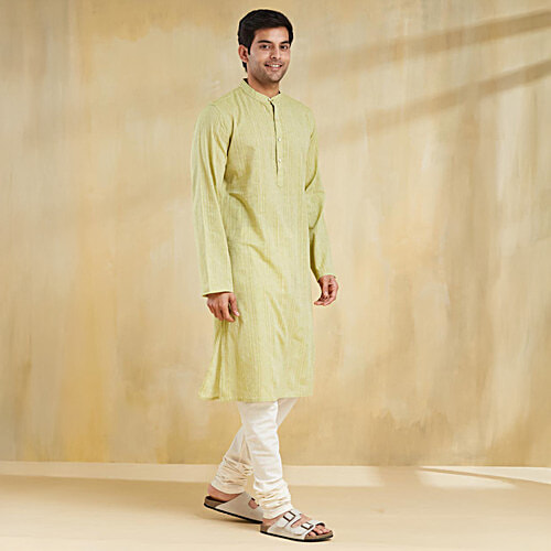 Fabindia Green Cotton Blend Dobby Slim Fit Long Kurta, 1 pc (Size - XL) 