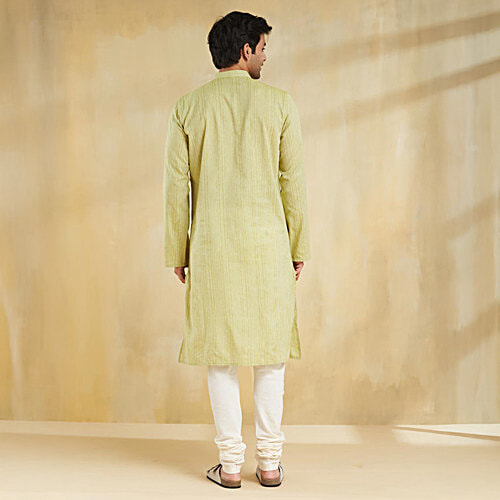 Fabindia Green Cotton Blend Dobby Slim Fit Long Kurta, 1 pc (Size - XL) 