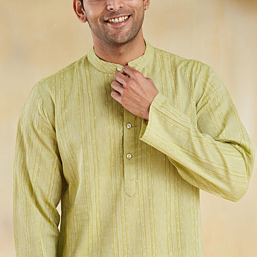 Fabindia Green Cotton Blend Dobby Slim Fit Long Kurta, 1 pc (Size - XL) 