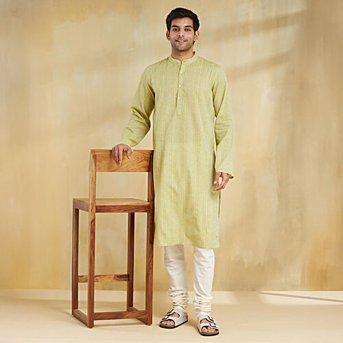 Fabindia Green Cotton Blend Dobby Slim Fit Long Kurta, 1 pc (Size - XL) 