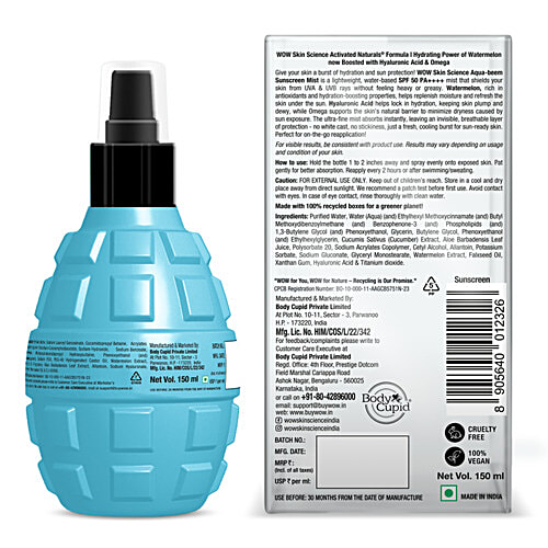 Wow Skin Science Aqua Beem Sunscreen SPF 50 PA++++ - Powered By Watermelon, Omega & Hyaluronic Acid, 150 ml Non-Greasy, Invisible Finish , All Skin Types