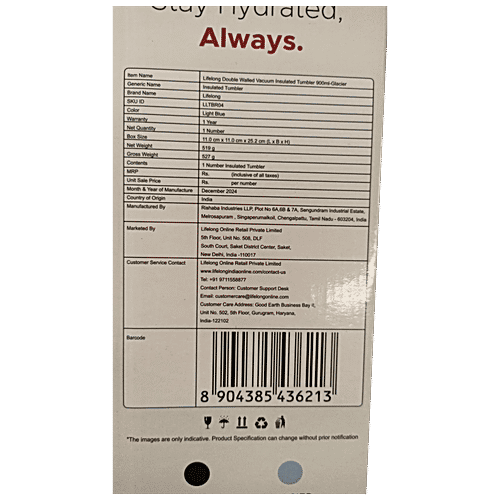 Lifelong Double-Walled Vacuum Insulated Tumbler - With Lid & Straw, Glacier, 900 ml  