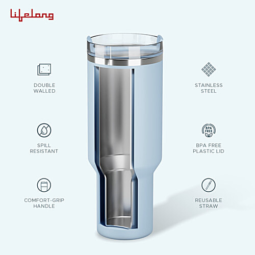 Lifelong Double-Walled Vacuum Insulated Tumbler - With Lid & Straw, Glacier, 900 ml  