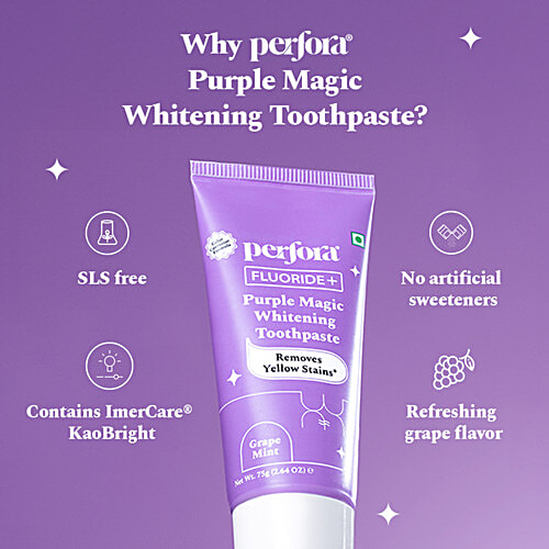 Perfora Fluoride+ Purple Magic Whitening Toothpaste - Removes Yellow Stains, Grape Mint, 75 g  