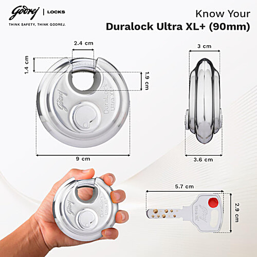 Godrej Locks DuraLock Ultra XL+ 90 mm With 3 Keys - Silver Finish, 1 pc