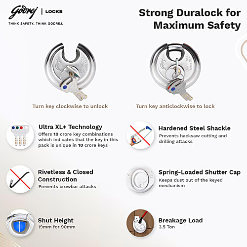 Godrej Locks DuraLock Ultra XL+ 90 mm With 3 Keys - Silver Finish, 1 pc